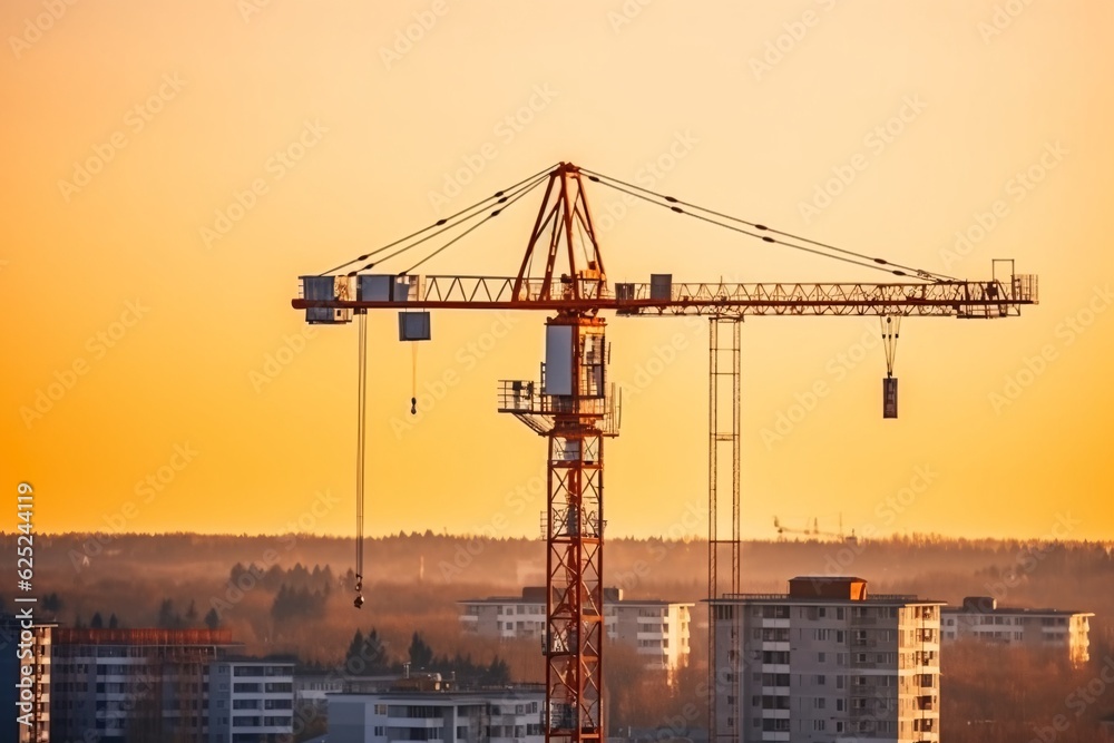 Construction crane at the construction site of a high-rise building. Tower crane and building under construction, Generative AI technology. Construction crane at the construction site of a high-rise building. Tower crane and building under construction, Generative AI technology.