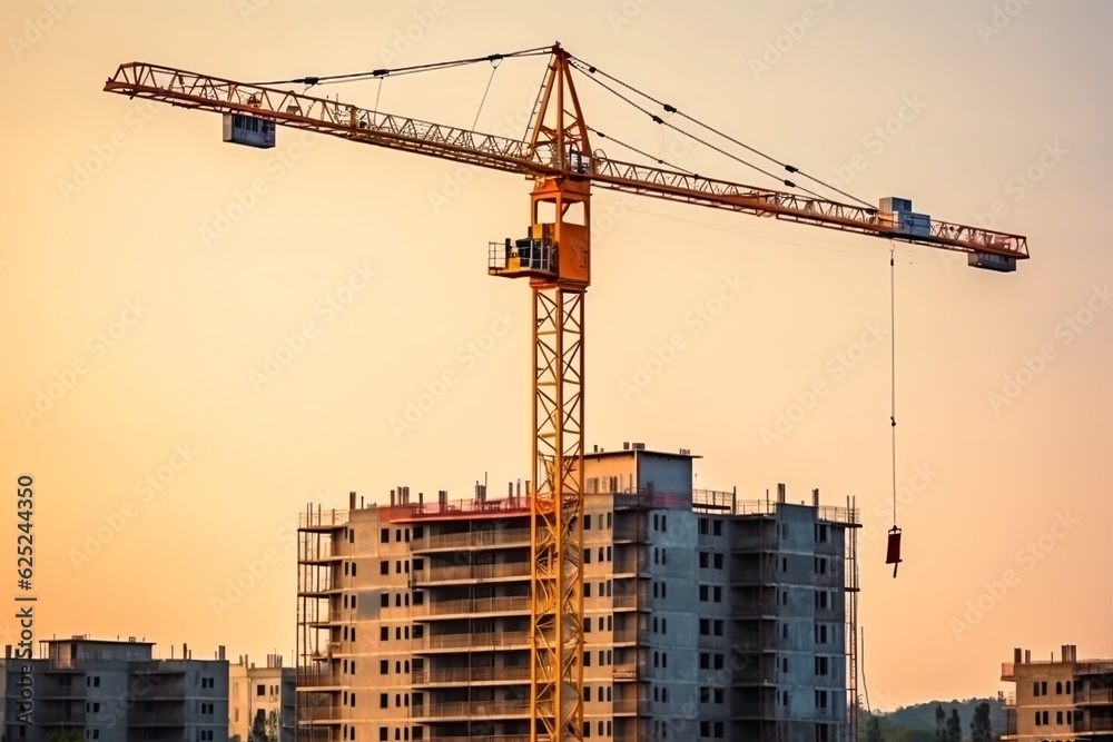 Construction crane at the construction site of a high-rise building. Tower crane and building under construction, Generative AI technology. Construction crane at the construction site of a high-rise building. Tower crane and building under construction, Generative AI technology.