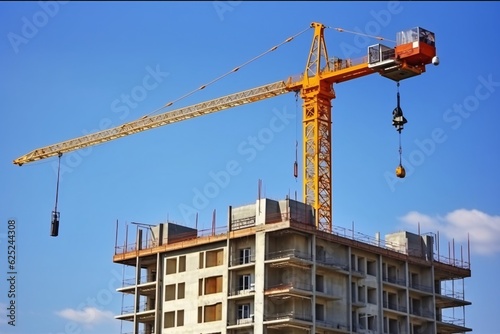 Construction crane at the construction site of a high-rise building. Tower crane and building under construction, Generative AI technology. © vachom