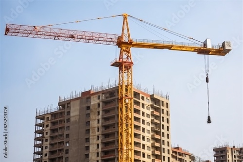 Construction crane at the construction site of a high-rise building. Tower crane and building under construction, Generative AI technology. © vachom