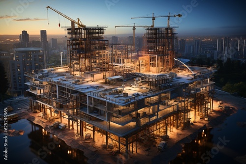 Construction site with cranes and building under construction. Crane at a construction site. Generative AI technology. photo
