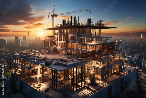 Construction site with cranes and building under construction. Crane at a construction site. Generative AI technology.