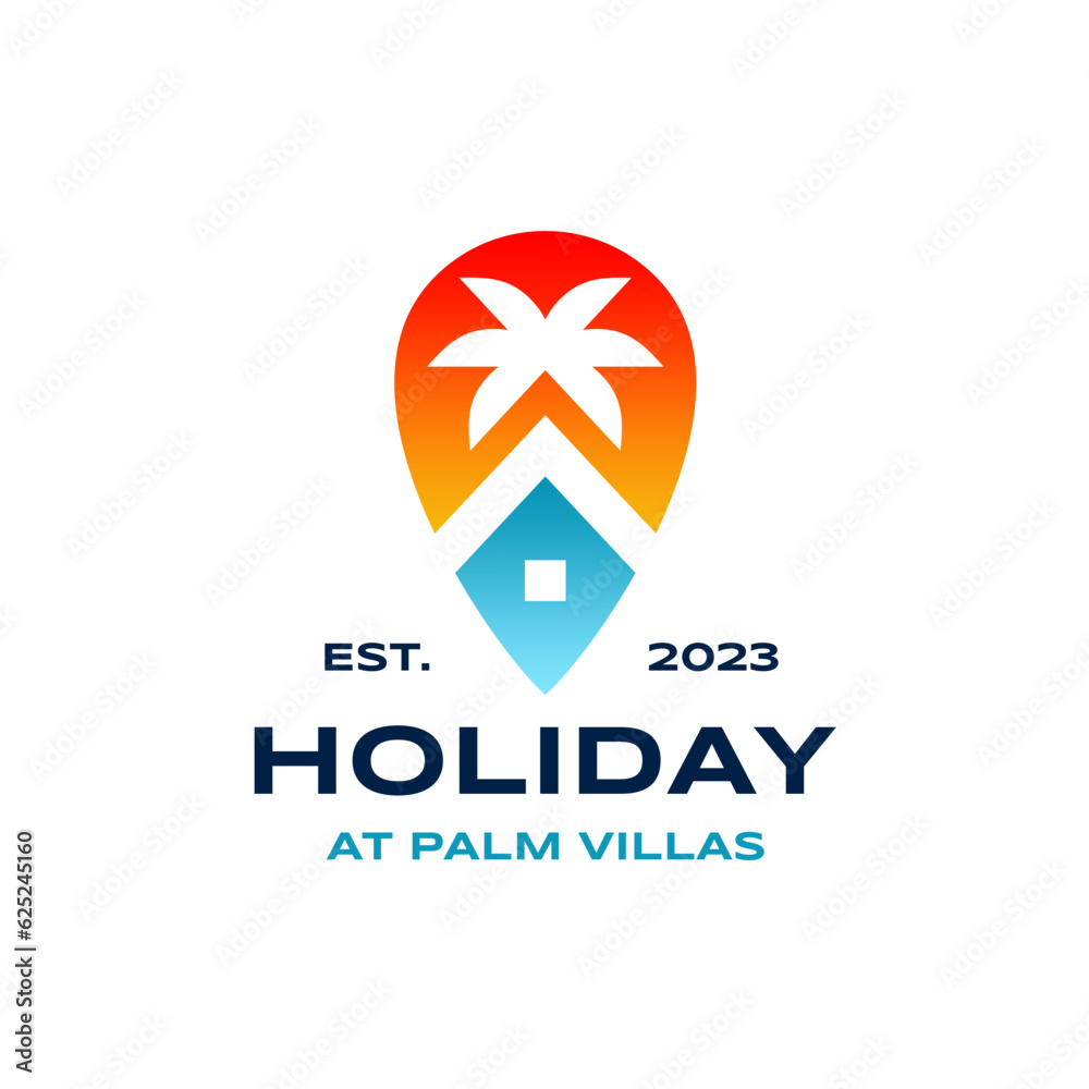Holiday house or villa and palm tree logo vector illustration Holiday house or villa and palm tree logo vector illustration