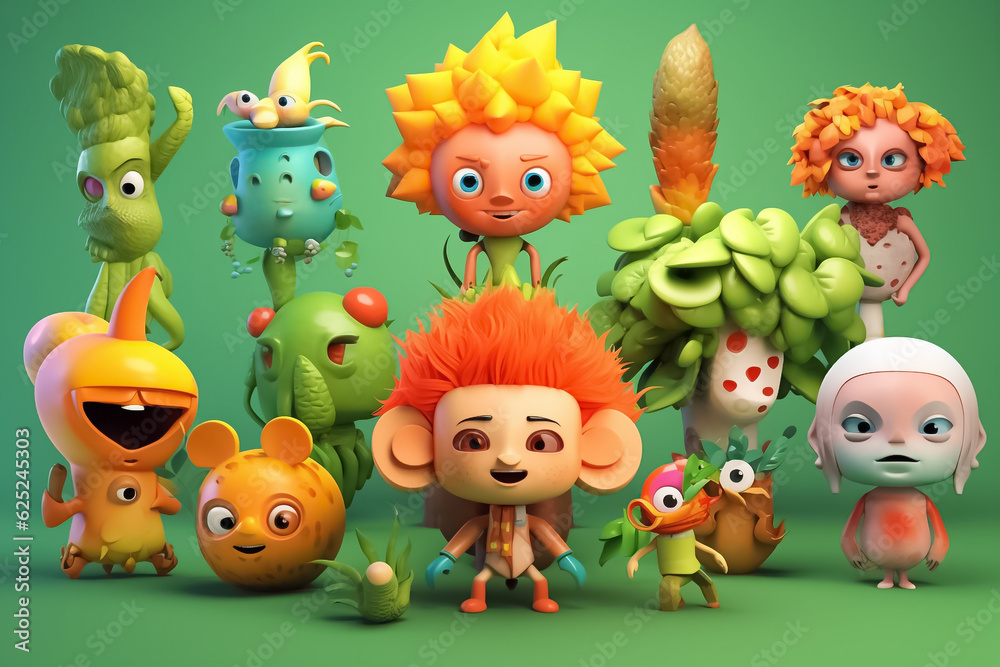 Naklejka premium Vegetables and fruits character collection and icons funny stylized sketch cartoon characters. Generative AI.