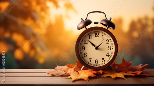 Daylight Savings Time Concept - Clock And Leaves On Wooden Table. Wintertime falls back.
Set your clocks back an hour. Generative AI
 photo