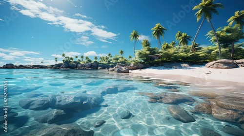  a tropical beach with palm trees and clear blue water in the foreground. generative ai
