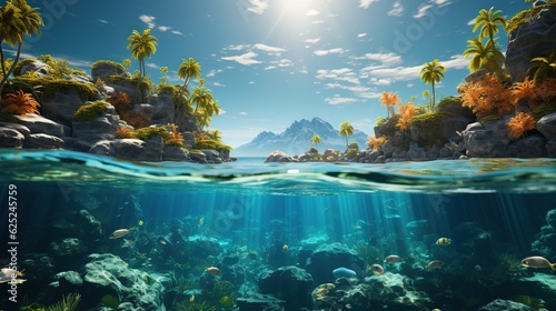  an underwater view of a tropical island with palm trees and corals. generative ai