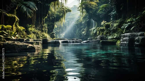  a river surrounded by lush green trees and a forest filled with lots of trees. generative ai