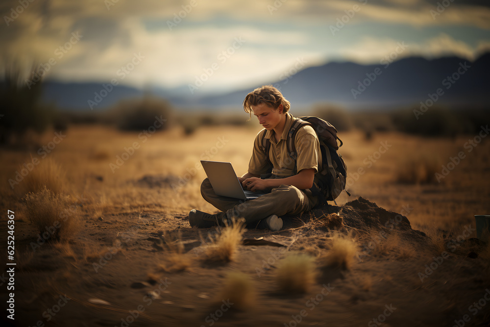 young Caucasian man dressed in explorer-style clothing and carrying a backpack, sitting on the ground in a wild, desert natural environment, using a laptop. Satellite connectivity concept