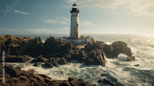  a lighthouse on a rocky shore with waves crashing in front of it. generative ai