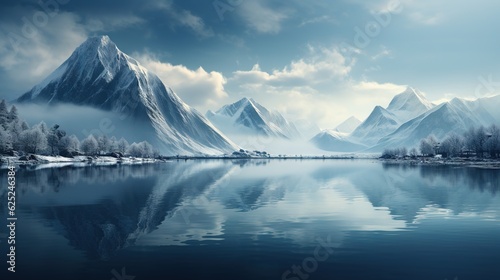  a lake surrounded by snow covered mountains under a cloudy sky.  generative ai © Jevjenijs