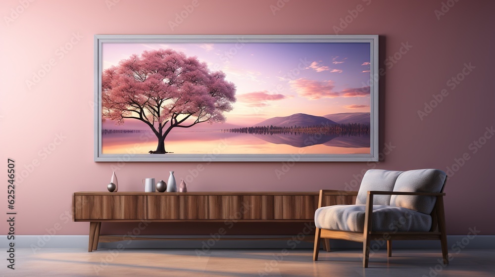  a painting of a pink tree in a room with a chair.  generative ai