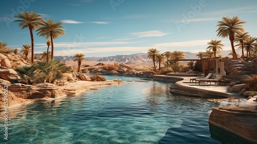  a pool surrounded by palm trees in a desert setting with a hot tub. generative ai