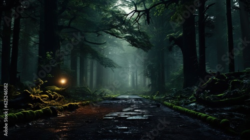  a dark road in the middle of a forest at night. generative ai