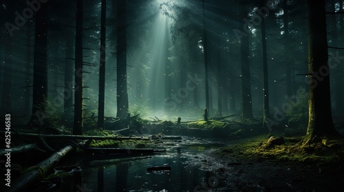  a dark forest with a stream running through the middle of it.  generative ai © Jevjenijs