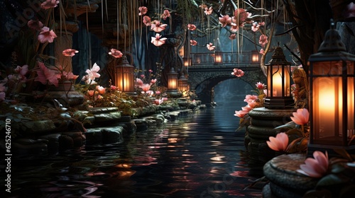  a stream of water surrounded by lots of flowers and lanterns. generative ai