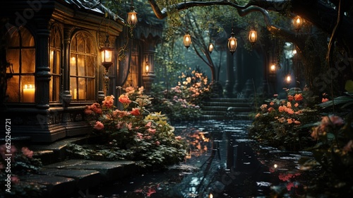  a dark garden with flowers and lights in the dark night.  generative ai © Jevjenijs
