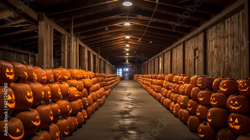 Warehouse of Wonders: Carved and Uncarved Pumpkins Awaiting Delivery - Generative AI photo