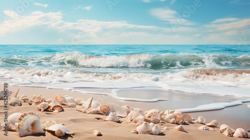  a bunch of seashells on a beach with waves coming in. generative ai