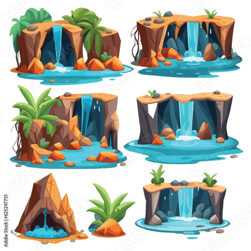 Waterfalls set. Cartoon landscapes with mountains and tree. River falls from cliff. Picturesque tourist attraction with clear water