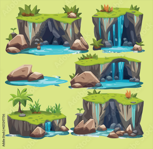 Waterfalls set. Cartoon landscapes with mountains and tree. River falls from cliff. Picturesque tourist attraction with clear water