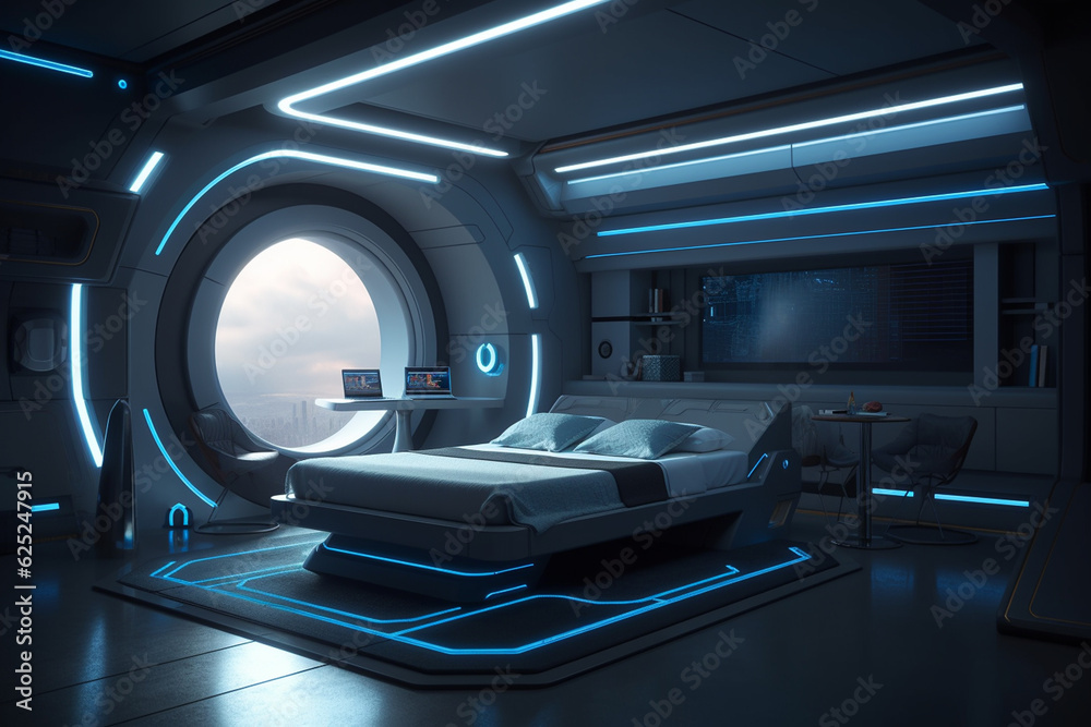 modern futuristic bedroom created with generative ai