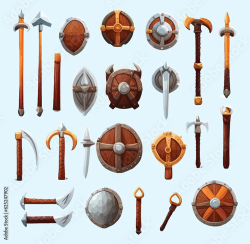 Fantasy game vector icon set, medieval UI game badge, wooden warrior shield, full gold chest, potion. Magic RPG objects kit, knight weapon standard. Game icon collection