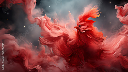 Generative AI image of northern cardinals amid swirling red smoke, capturing their grace and vivid hues in an enigmatic symphony of nature's beauty.