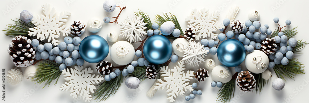 Christmas composition with snow and spruce branches and Christmas tree baubles. AI generative. Christmas composition with snow and spruce branches and Christmas tree baubles. AI generative.