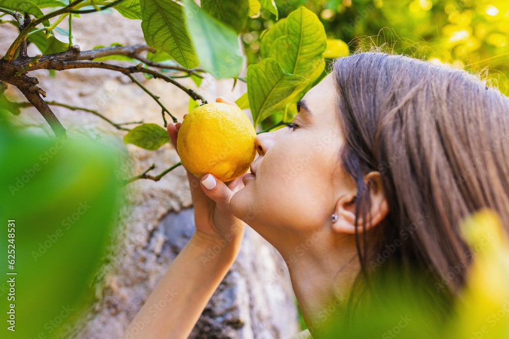 The beautiful girl smells a lemon in a tree hanging on a rock