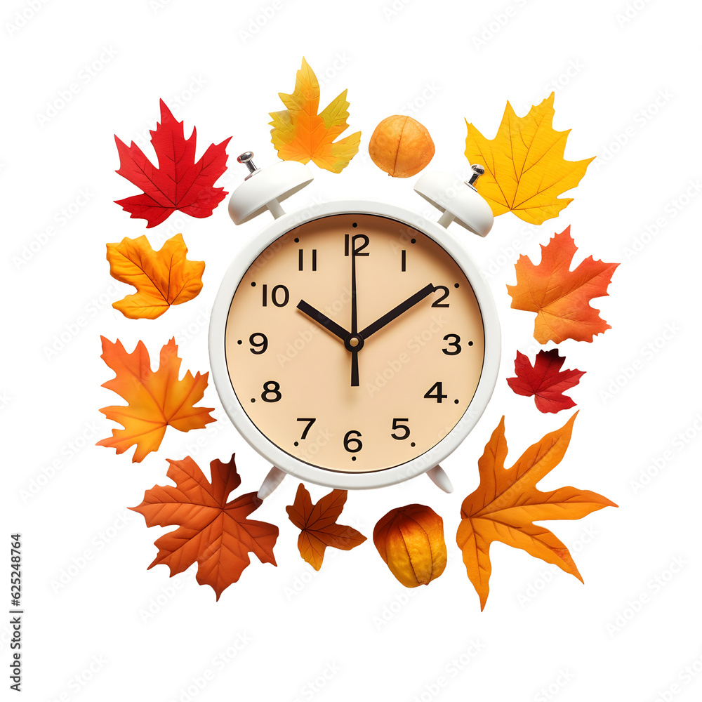 Daylight Saving Time ends the concept. Alarm clock in autumn decoration