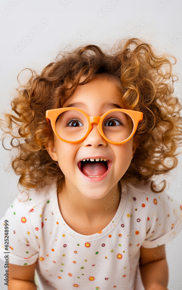 A bespectacled little girl has an expression of joyful amazement, eyes and mouth wide open