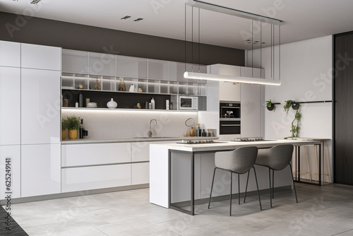 Modern kitchen with about 20 square meters, grey floor with tiles, created with generative ai