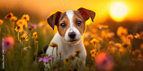 AI Generated. AI Generative. Jack russell terrier dog animal pet friend mammal at field flowers. Nature outdoor sunset landscape view. Graphic Art