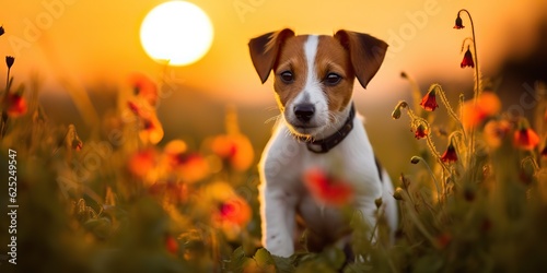 AI Generated. AI Generative. Jack russell terrier dog animal pet friend mammal at field flowers. Nature outdoor sunset landscape view vibe 