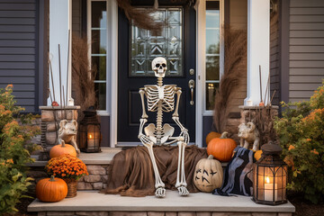 Halloween background. Decorative skeleton sits on orange pumpkins on the porch. Halloween decor. High quality photo