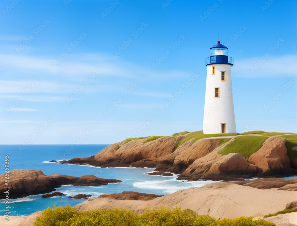 View of a lighthouse standing at the rocky coast,  generative ai