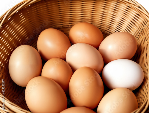 Raw fresh chicken eggs in a rustic wicker basket,  generative ai. Healthy food concept