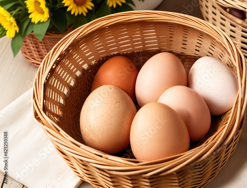 Raw fresh chicken eggs in a rustic wicker basket,  generative ai. Healthy food concept