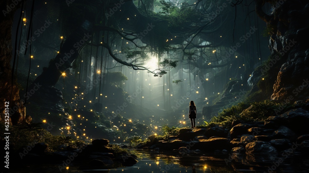 a person standing in a dark forest with fireflies in the sky.  generative ai