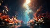  an underwater scene with rocks and corals and a river.  generative ai