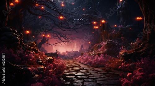  a path through a dark forest with lots of red flowers. generative ai