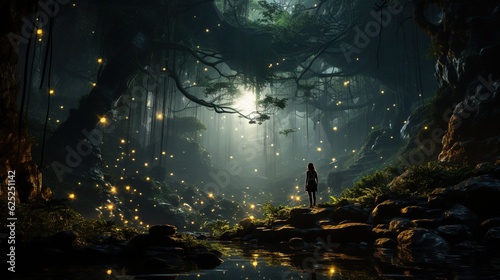  a person standing in a dark forest with fireflies in the sky. generative ai
