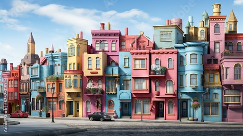 a large group of multicolored buildings on a city street.  generative ai © Jevjenijs