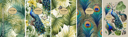 Luxurious peacock, plants and flowers. Vector watercolor illustration of tropical palm leaves, fern, peacock feather, butterfly for pattern, wallpaper or background
