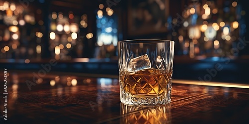 AI Generated. AI Generative. Classic alcohol whiskey scotch drink in glass with ice cubes at bar pub. Night club background decoration mock up. Graphic Art photo