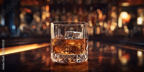 AI Generated. AI Generative. Classic alcohol whiskey scotch drink in glass with ice cubes at bar pub. Night club background decoration mock up. Graphic Art