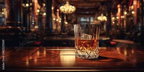 AI Generated. AI Generative. Classic alcohol whiskey scotch drink in glass with ice cubes at bar pub. Night club background decoration mock up. Graphic Art