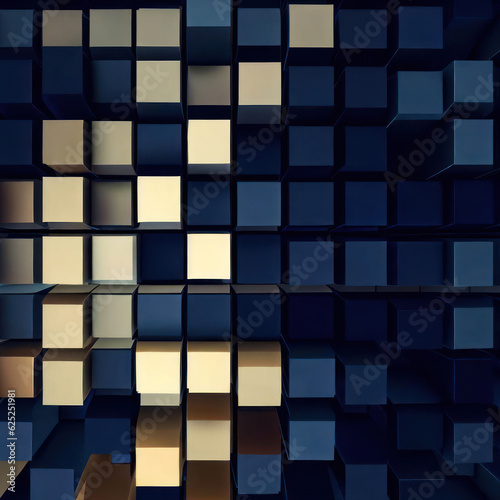 Dark and gold cube or tile mosaic abstract background. Gold and blue cubes randomly arranged in a grid.generative AI