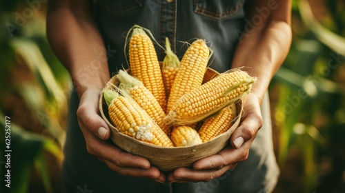 Close up of farmer hands holding basket with corn in the cob. Generative AI